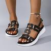 Fashion Summer New Round Headed Leather Ladies' Sandals Wedge Casual Beach Shoes Comfortable Footwear with Metal Decoration for Women