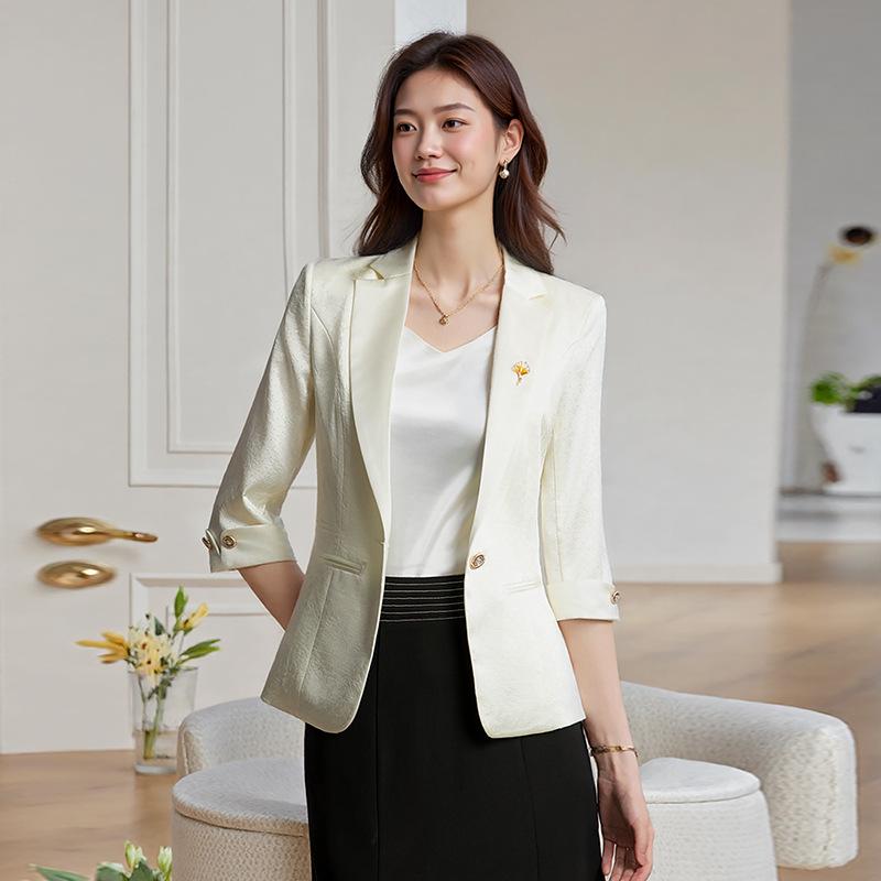 Women's Unique White Acetate Satin Blazer - Seven-Sleeve Short Design for Spring & Autumn