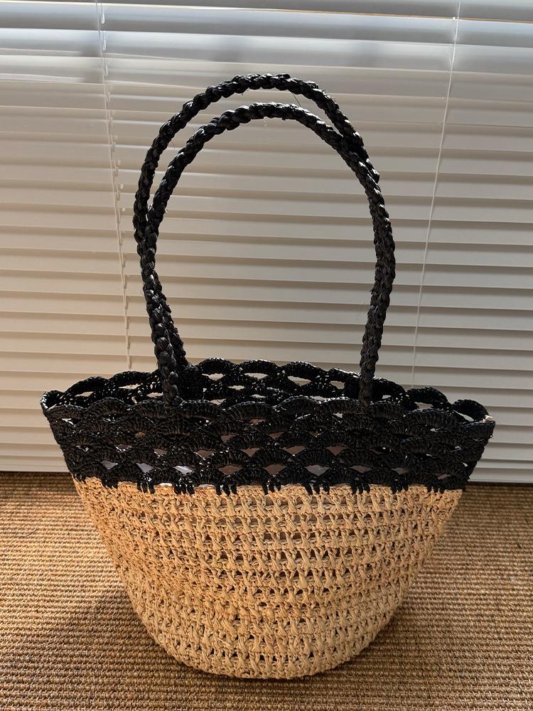 Fashion Lafite Straw Bucket Bag Hollow Rattan Women Handbags Summer Beach Shoulder Crossbody Bag Casual Lady Large Tote