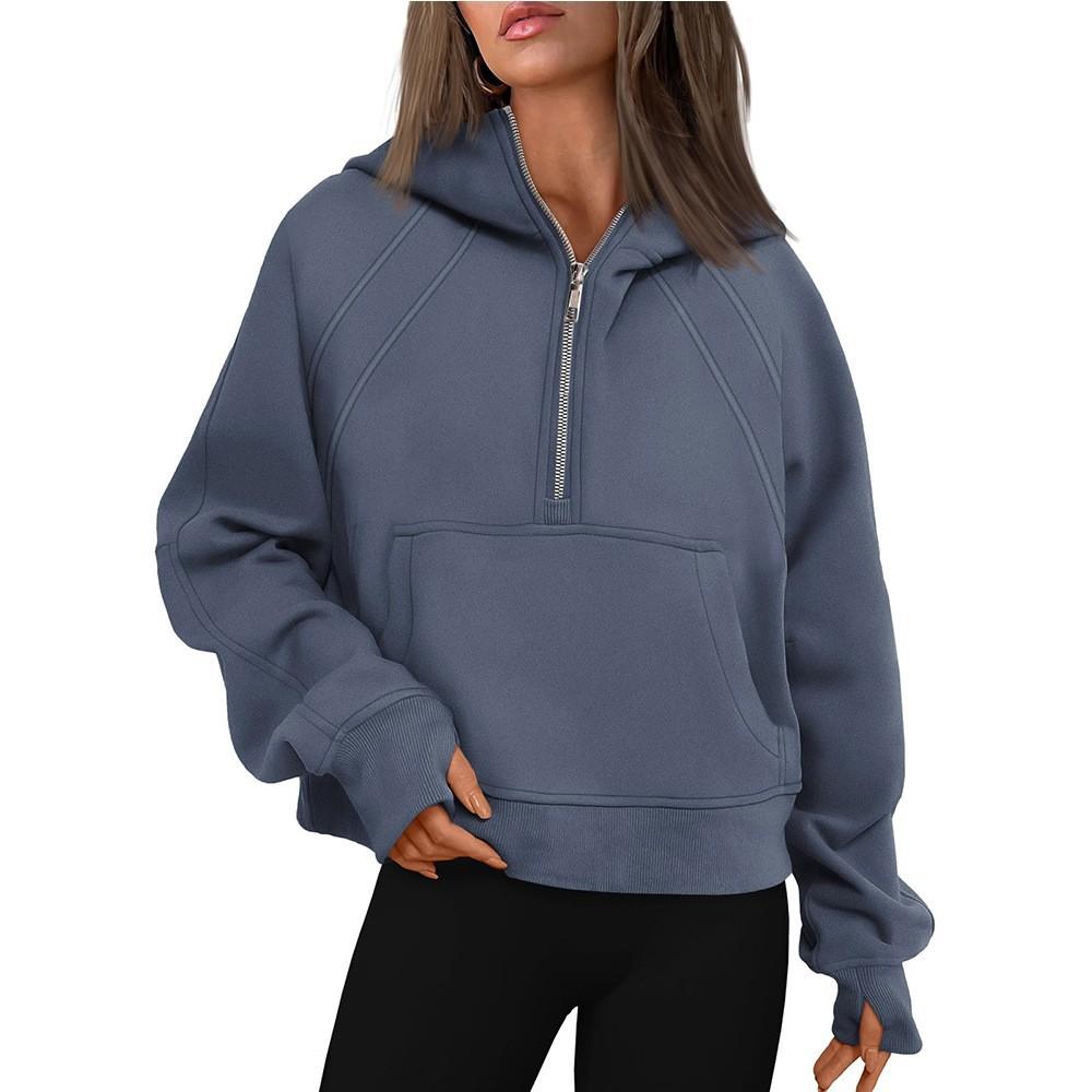Neuer Pullover mit halbem Reißverschluss, Kapuze, Fleece, kurz, modischer Hoodie für Damen
