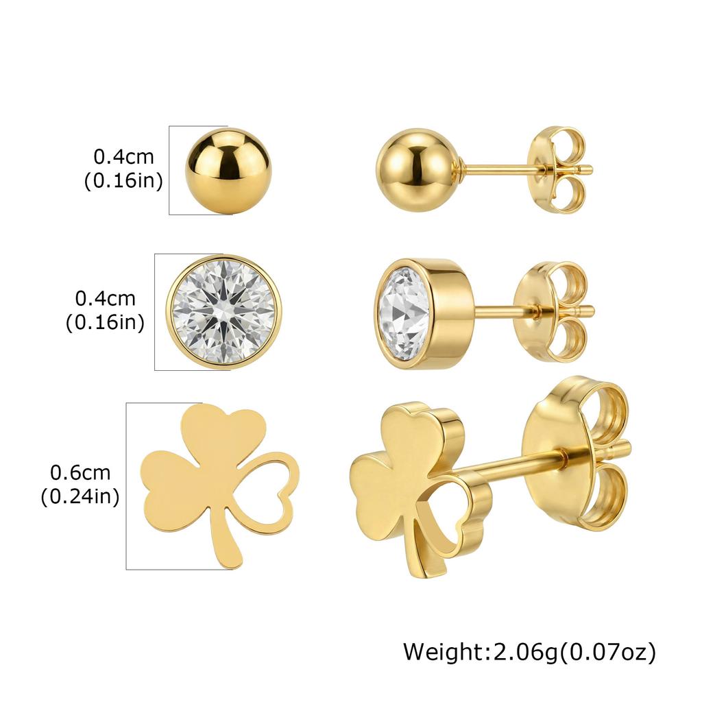 3 Paar Set Ohrstecker Edelstahl Herz Stern Schmetterling Mond Kirsch Klee Zirkonia Piercing Schmuck für Damen Anlaufgeschützt