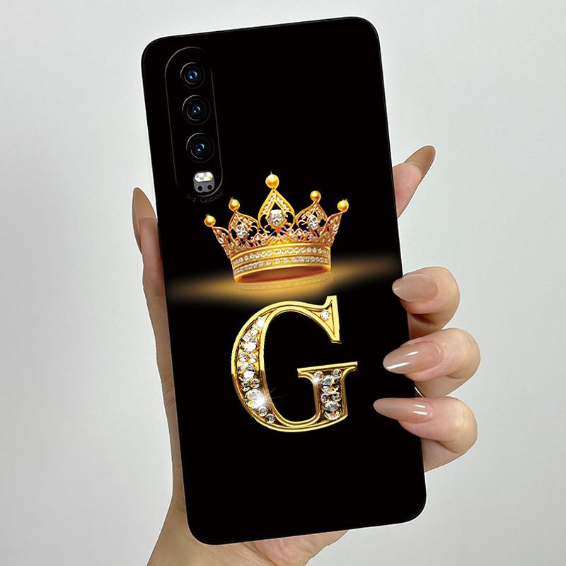 Back Cover For Huawei P30 ELE-L29 P 30 Pro VOG-L29 Crown Initial Letter Phone Case Liquid Soft Silicone Lens Protective Casing