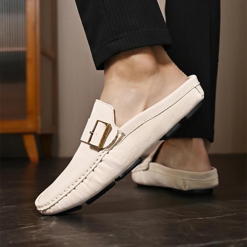 2025 Men's Slippers Leather Casual Shoes Summer Flat Bottom Outdoor Non Slip Comfortable Luxury Trendy Set Wearing Half Slippers