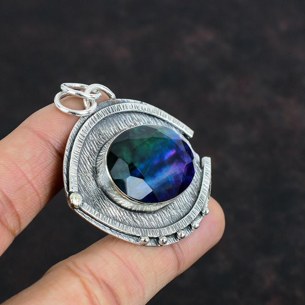 Faceted Ammolite Pendant Genuine Gemstone Jewelry Handmade Pendant 925 Sterling Silver Pendant Designer Jewelry Statement Pendant For Gifts