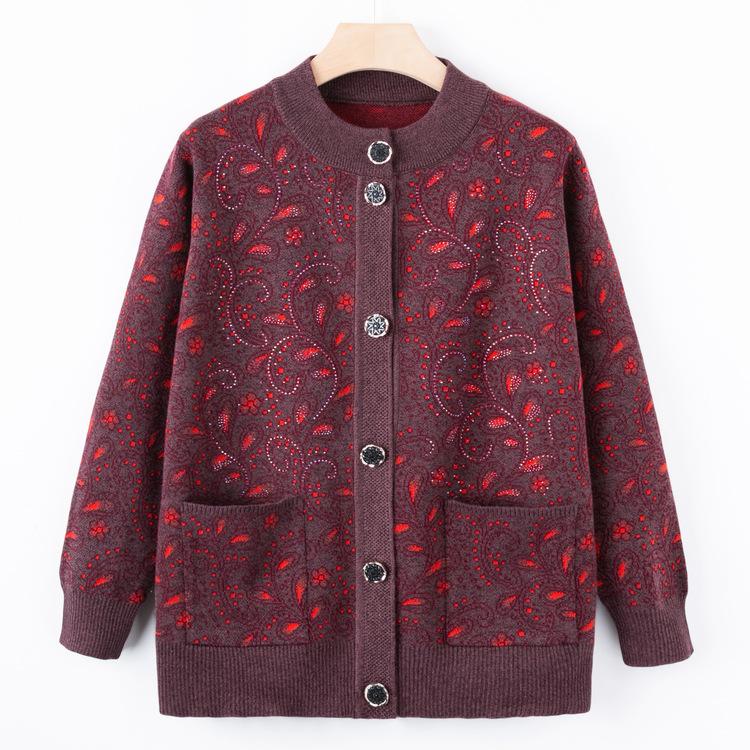 Strikket cardigan for eldre og middelaldrende kvinner høst og vinter, løs genser i pluss-størrelse for eldre og mødre, ny høstkåpe med rund hals
