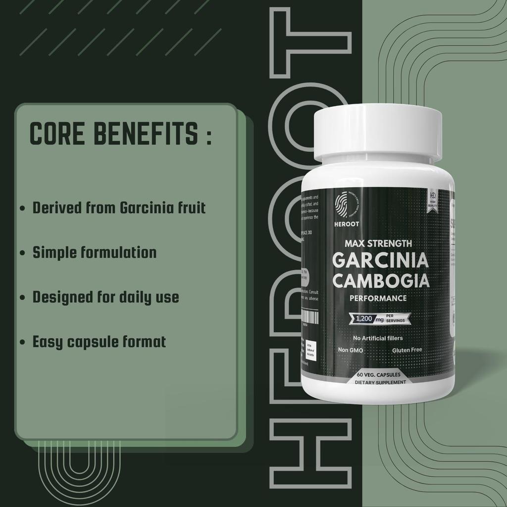 Heroot Garcinia Cambogia Kapseln 1200mg, HCA 95% Extrakt, 60 Kapseln für das tägliche Wohlbefinden