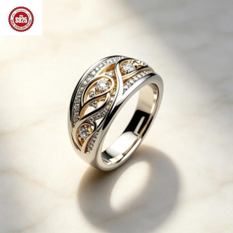 925Silver-plated Double Gold Ring, European and American Style, Eternal Family Colorful Gemstone, Easy To Match and Versatile, High-end and Exquisite