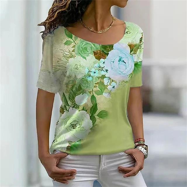 Summer T-shirt 3D color pattern printing women's V-neck Y2K casual tops women's retro Harajuku girls' personalized short sleeves