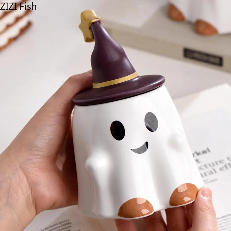 Cute Ghost Water Cup Creative Ceramic Mug with Cover Office Home Afternoon Tea Coffee Cup Drinking Set Halloween Easter Gift