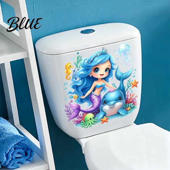 Kids Bathroom Decor Decal Self-Adhesive Traceless Design Tear-Off Toilet Sticker Waterproof PVC Ocean Dolphin Wall Sticker Mermaid Pattern