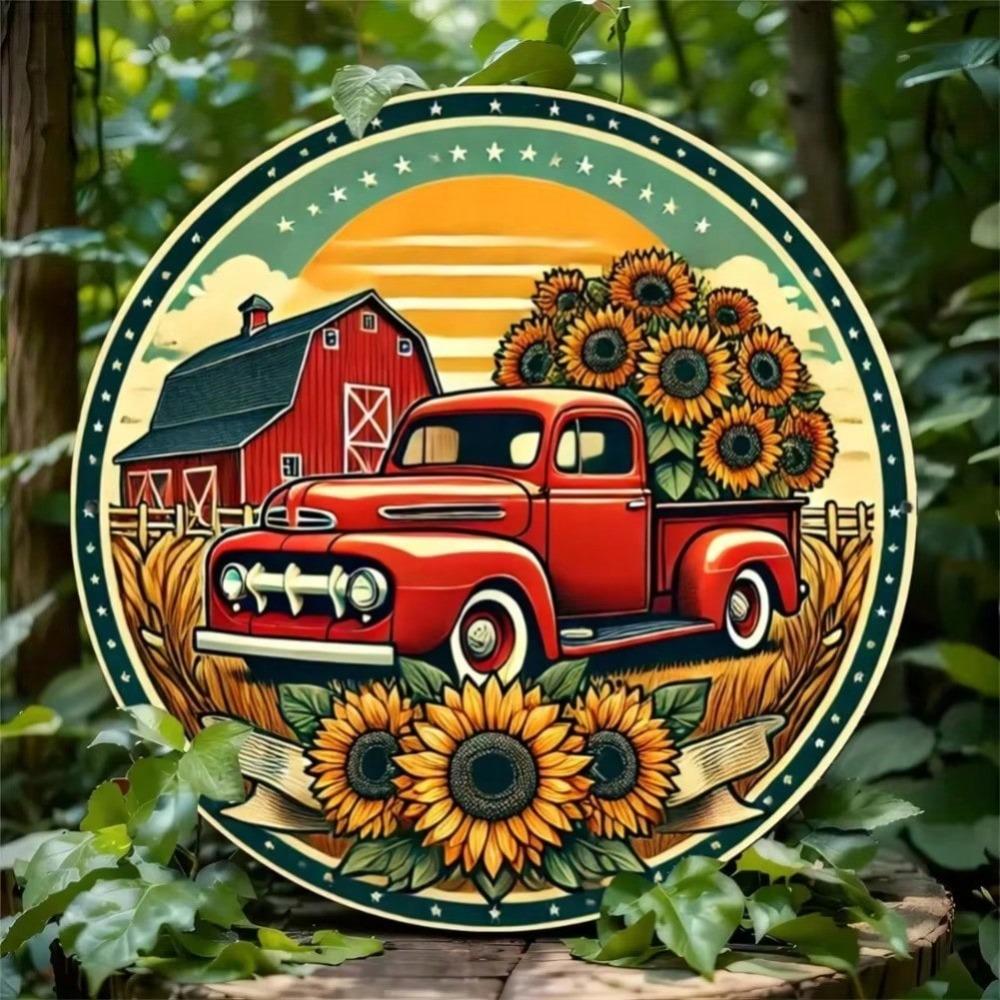 Iron Tin Sign Vintage Red Truck Sunflower Farmhouse Wall Art Decor