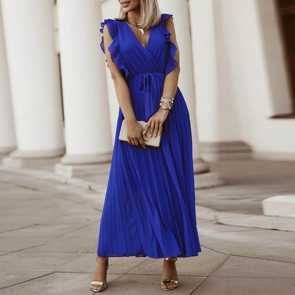 Women's Fashion Slim Sexy Ruffle Sleeve Chiffon Pleated Skirt Solid Color Dress