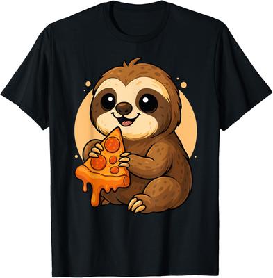 Cute Sloth Eating Pizza Graphic Tee Funny Animal Lover Casual Cotton Short Sleeve T-Shirt