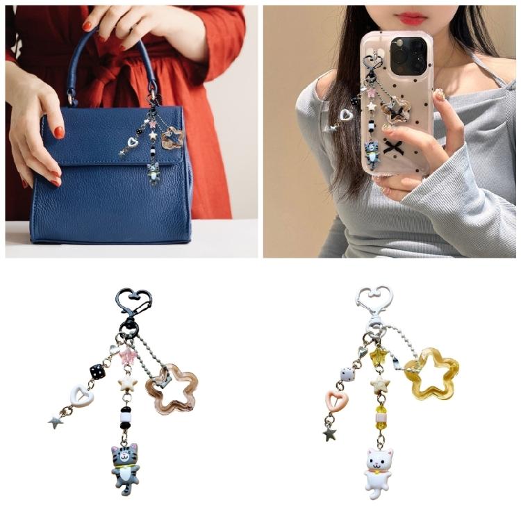 Playful Kitten Keychain Pendant Colorful Beaded Keyring Jewelry Fashion Mobile Accessory for Women Everyday Use