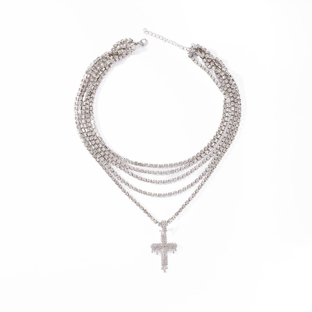 Cross Pendant Necklace Rhinestone Layered Chain For Women Summer