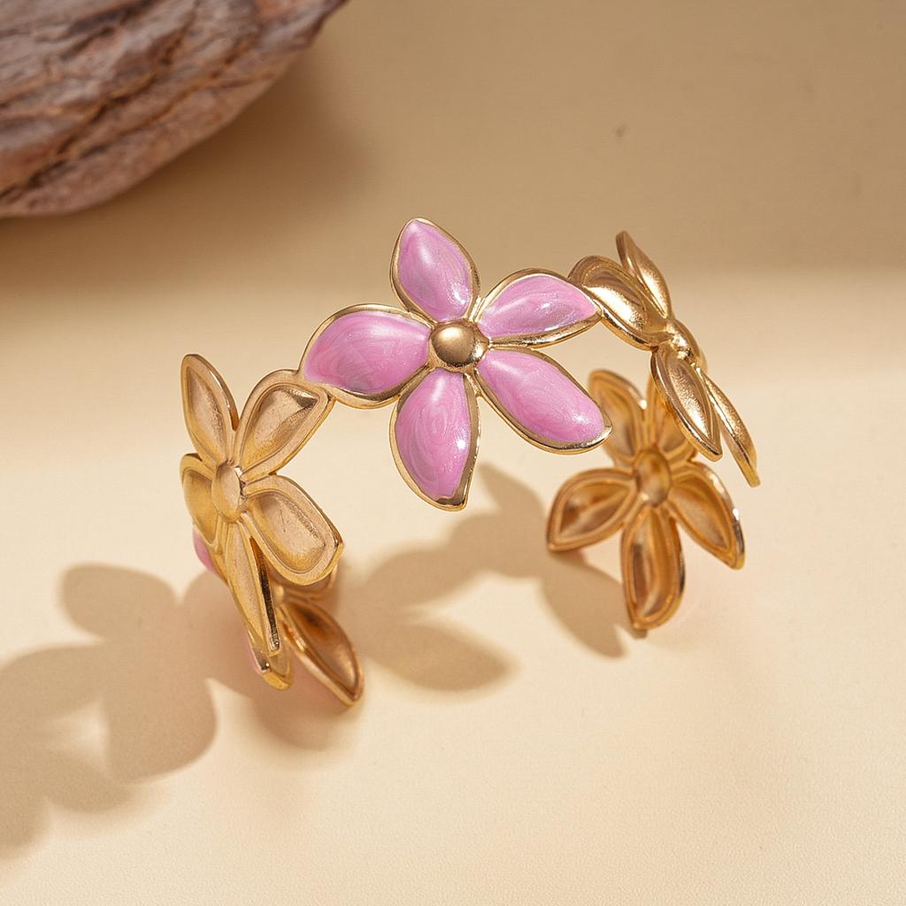 Retro-Stil Edelstahl Tropföl Blume Öffnungsarmband Urlaubsstil Personalisierter Umweltschutzschmuck