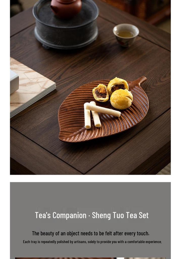 Walnut Leaf Wooden Tea Tray with Saucer & Snack Storage