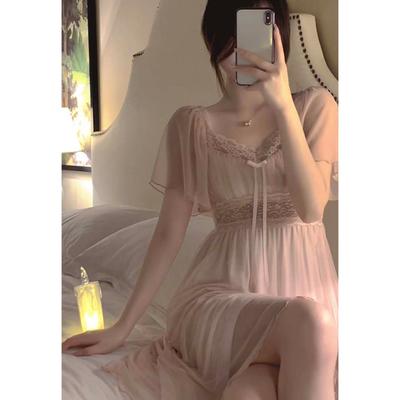 Lace Lace Nightdress Women'S Summer Sweet Straps Bow With Chest Pad Can Be Worn Outside Pure Desire Wind Mesh Nightdress
