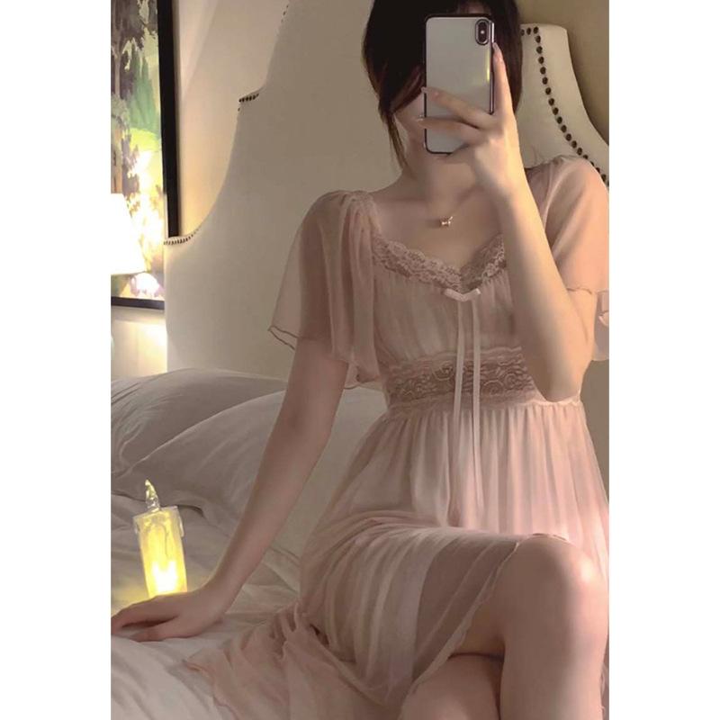 

Lace Lace Nightdress Women S Summer Sweet Straps Bow With Chest Pad Can Be Worn Outside Pure Desire Wind Mesh Nightdress 2XL