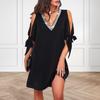 Women Summer Dress Shiny Sequin Hollow Out Deep V Neck Knot Patchwork Dress-up Loose Office Lady Party Mini Dress Women Clothes