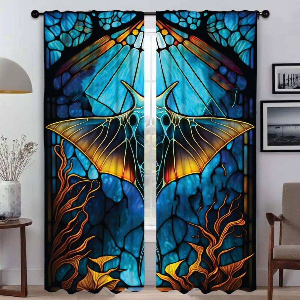 Modern Living Room Curtains for Camera Stained Glass Sealife Blackout Curtain Tulle for Bedroom Halloween Decoration Shades Home