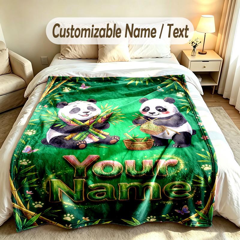 Panda Theme Custom Blanket Personalized Name & Text Customized Soft Warm Throw Blanket Home Decor