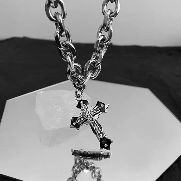 Titanium Steel Clavicle Chain Necklace with Diamond-Studded Cross - Unisex Hip Hop Cuban Chain Trendy Jewelry Pendant