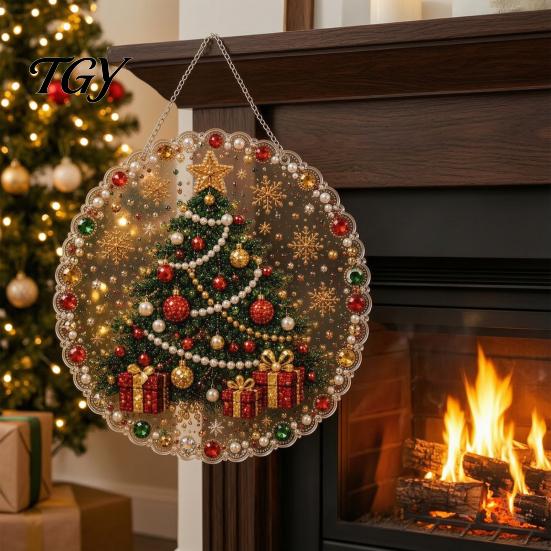 Indoor Outdoor Hanging Ornaments Christmas Acrylic Tree Ornament, Faux Pearl Art DIY Painting Holiday Party Supplies Suncatcher, 20cm Glowing