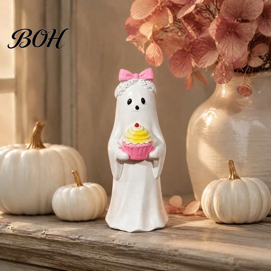 Desktop Decor for Halloween Cute Ghost Ornament, Resin Figurines with Cake/Cookie Design Fireplace Home Holiday Party Decoration Fun Gifts Kids