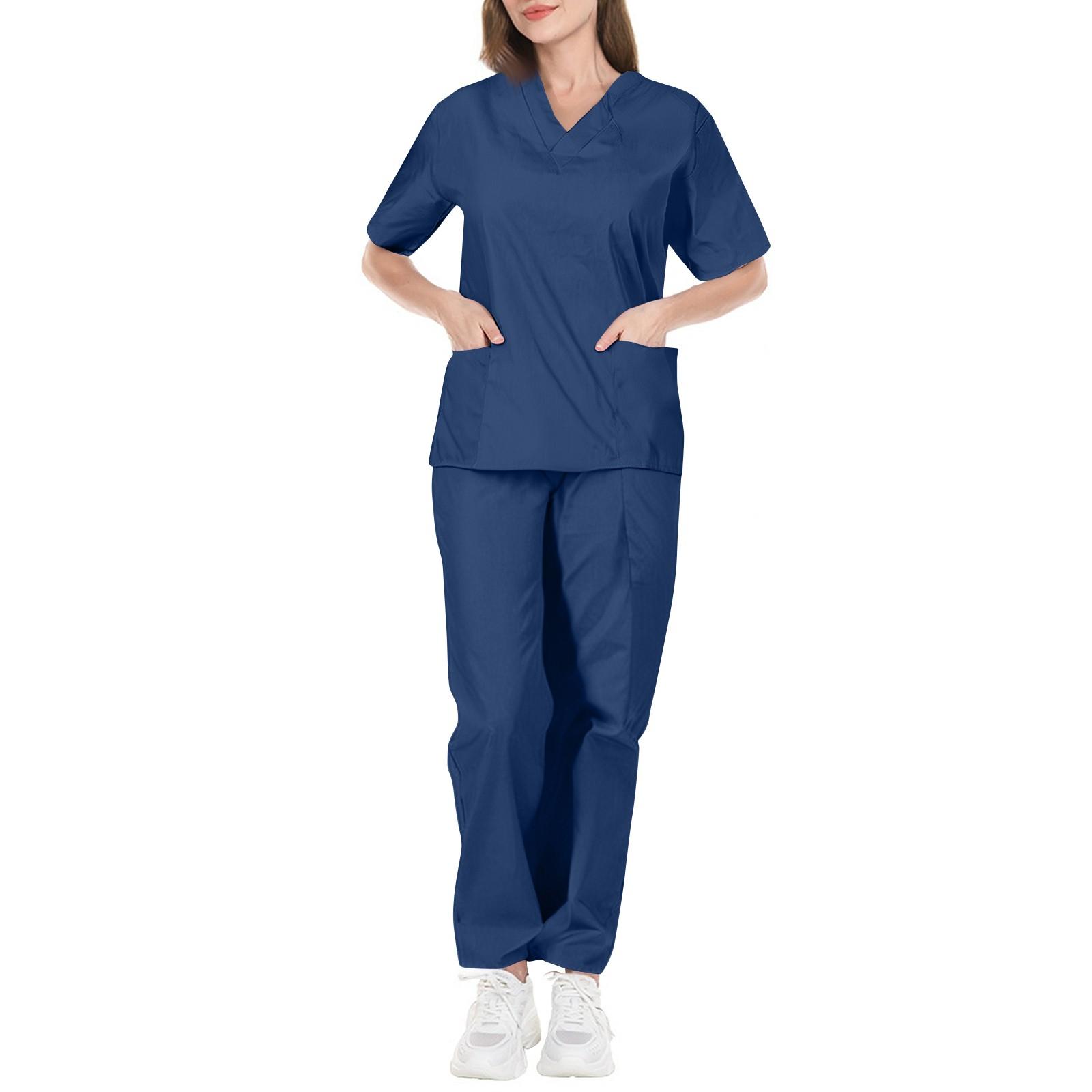 

Женский модный однотонный короткий рукав узор топы карман рабочий комплект XL