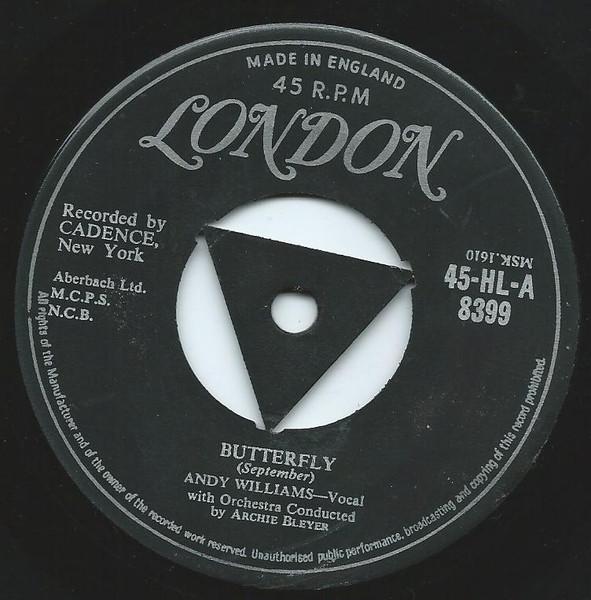 

7inch Record ANDY WILLIAMS - Butterfly 45HLA8399 London Records 1957 UK Pop Used