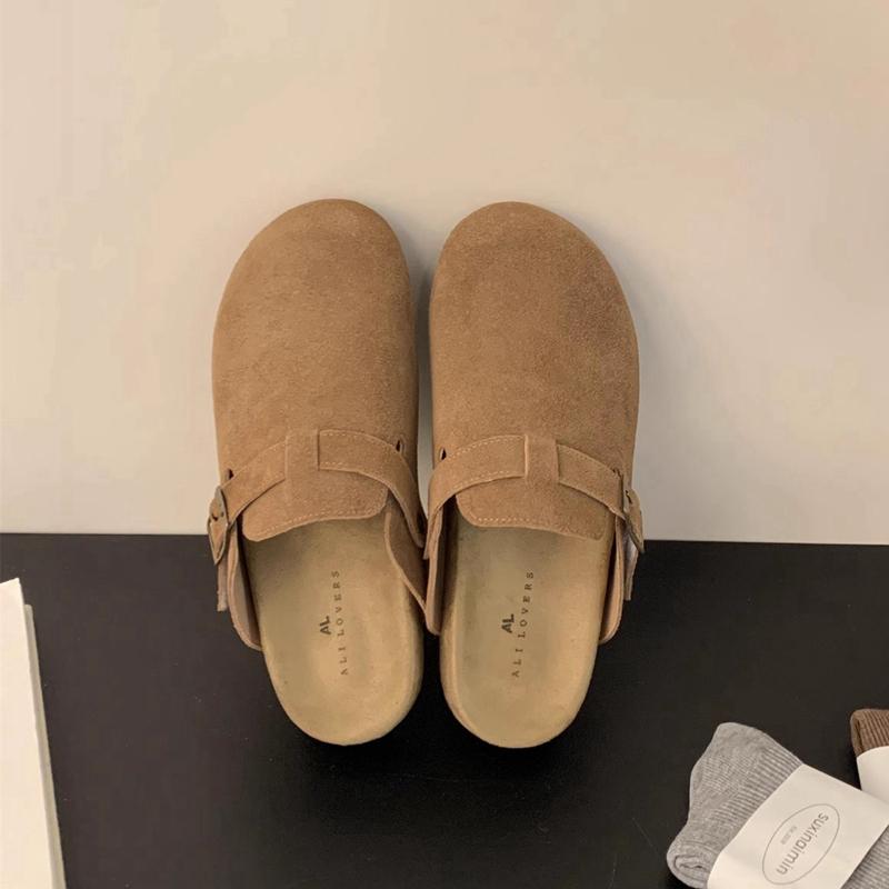 Mode SUOJIALUN 2024 Herbst Damen Flacher Slipper Mode Runde Zehenpartie Slip-On Pantoletten Schuhe Weicher Flacher Absatz Outdoor Freizeit Pantoletten Sandalen