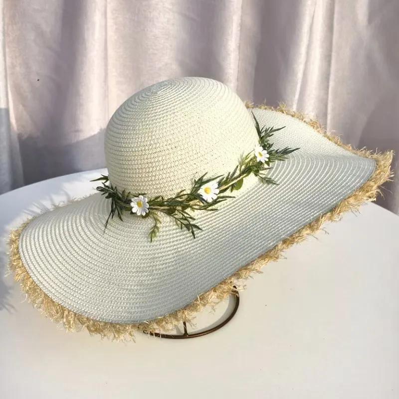 WTEMPO Solid Color Elegant Flowers Sun Hats Women Spring Summer Wide Brim Outdoor Breathable Foldable Beach Sunscreen Hats