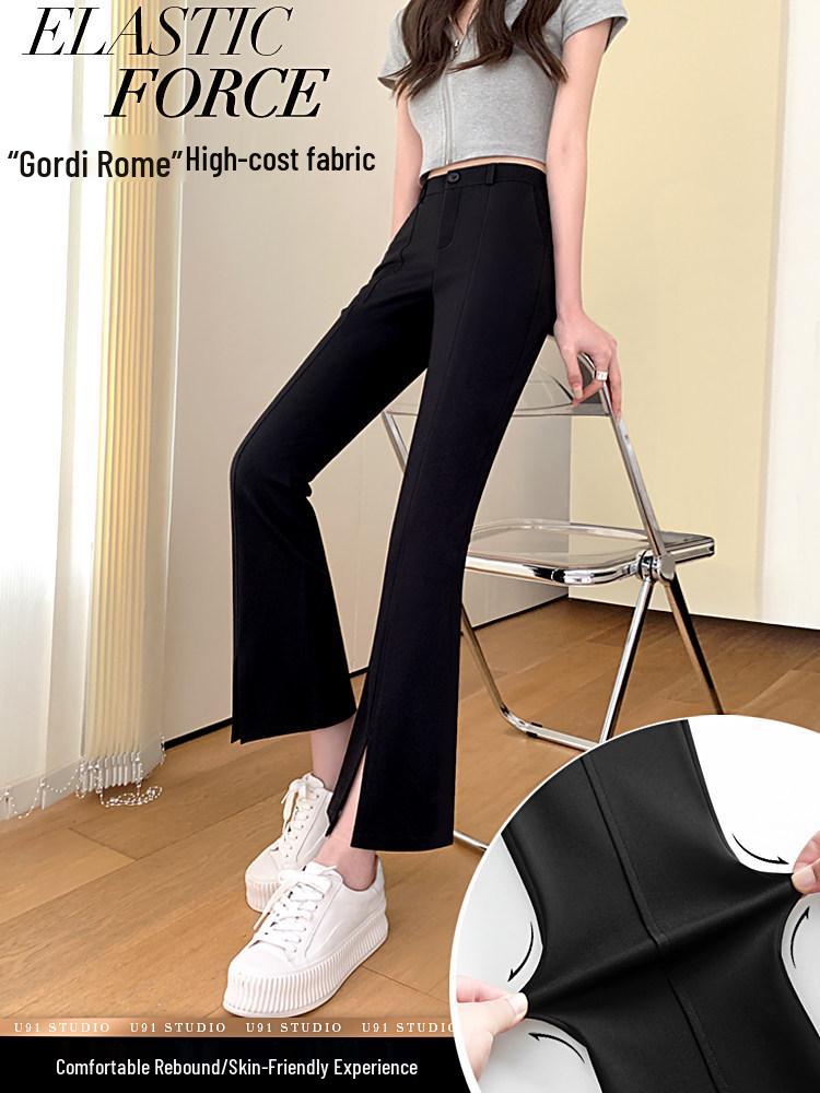 Women's Black High-Waisted Slimming Micro-Flare Pants with Slit - Summer 2025 Collection