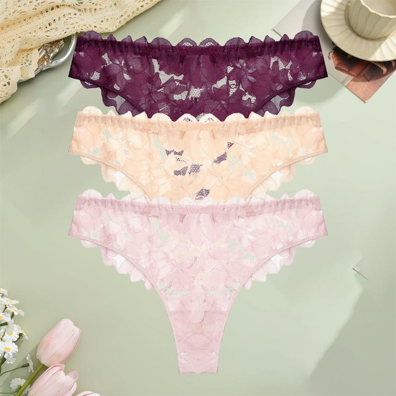 FINETOO 3 Bucți Tangas Florale din Dantelă Decupate Lenjerie Intimă Solidă Sexy cu Talie Joasă Confortabil G-String Fete Fierbinți Lenjerie Erotică