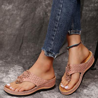 2021 New Summer European and American Flower Women's Sandals Sewing Line Beach Shoes Large Size Herringbone Wedge Heel Comfortable Sandals Women