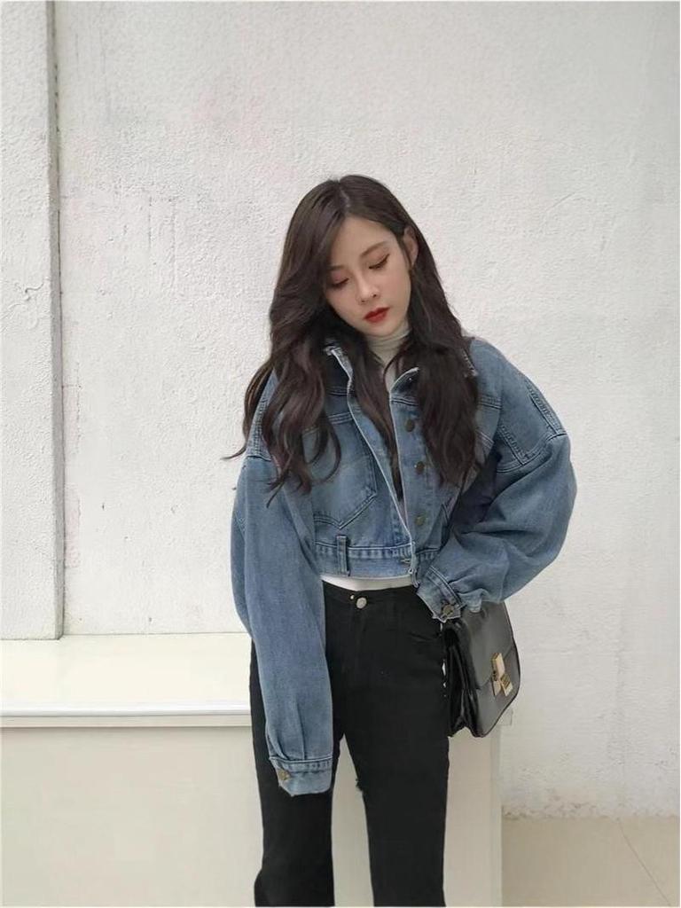 2025 Autumn Women's Korean Style Loose Batwing Sleeve Cropped Denim Jacket