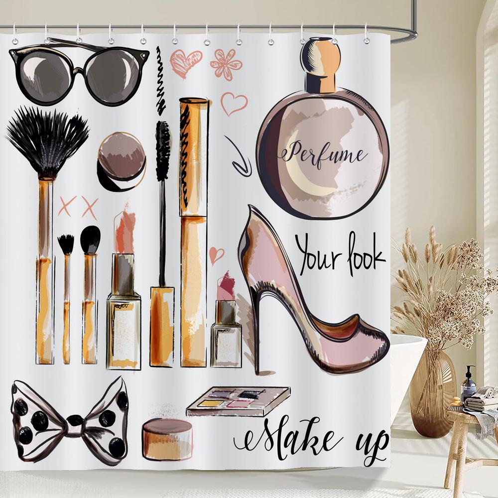 

Sexy Red Lips Pink Print High Heel Shower Curtain Cosmetic Perfume Pink Girl Bedroom Decor Curtains Waterproof Bathroom Curtain W90xH180cm