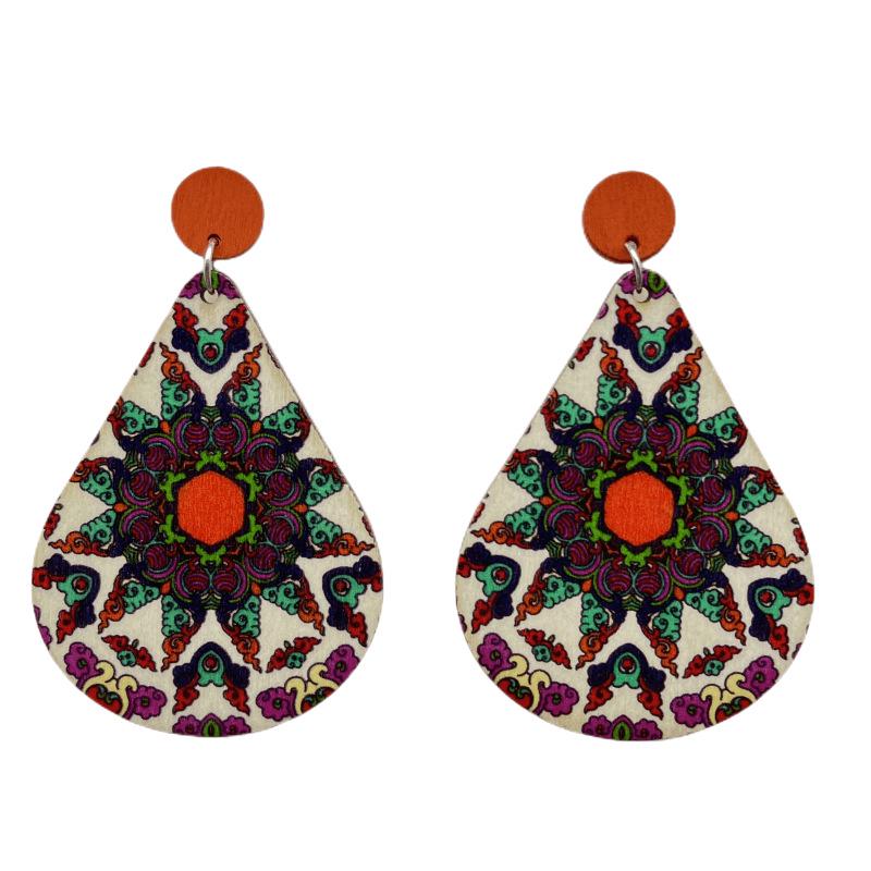Bohemian Wooden Retro Ethnic Large Print Long Earrings