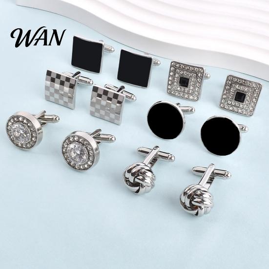 Classic Cufflinks 1 Pair Men Polished Smooth Surface Rhinestones Inlaid Rectangle Shirt Round Twist Shape Suit Button Replacement Accessories