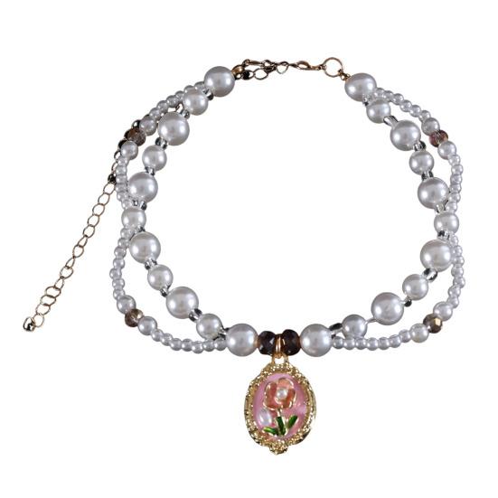 Faux Pearl Pet Collar for Dogs Cats Double-layer Beaded Necklace with Enamel Pendant for Pet Dress-up Jewelry Accessories