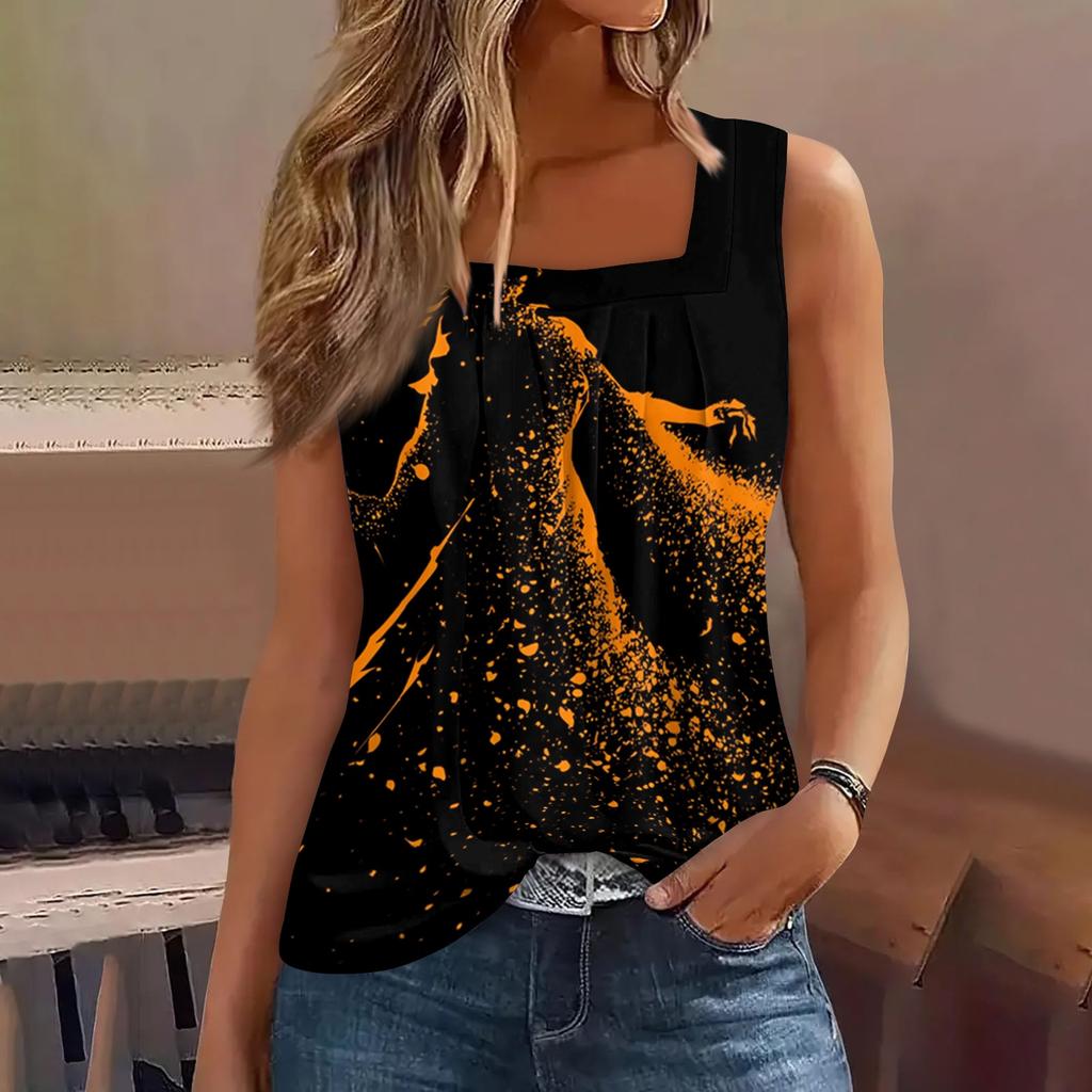 Sleeveless Square Neck Tank Top with Ruffle Detail Halloween Inspired Print Lightweight Casual Summer Blouse for Women