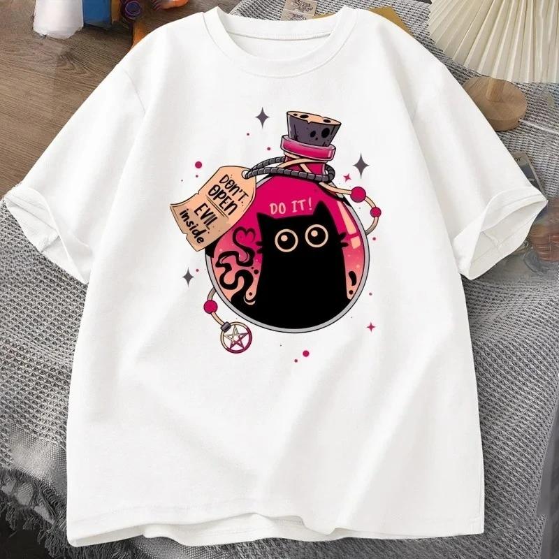 

Evil Black Cat in The Bottle Tshirt Summer Fashion Tshirt Short Sleeve Female Cat Pattern Clothing Street Fashion Clothing Y2K S