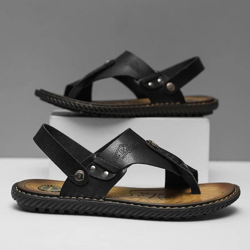 Fashion 2025 New Casual Leather Soft Bottom Sandals Men Soft Tires Rubber Flip Flops Summer Fashion Breathable Casual Minimalist Shoes