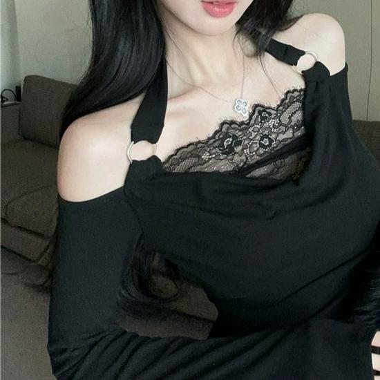 Autumn Winter Modal Lace Halter Slim Fit Long Sleeve Women's Top