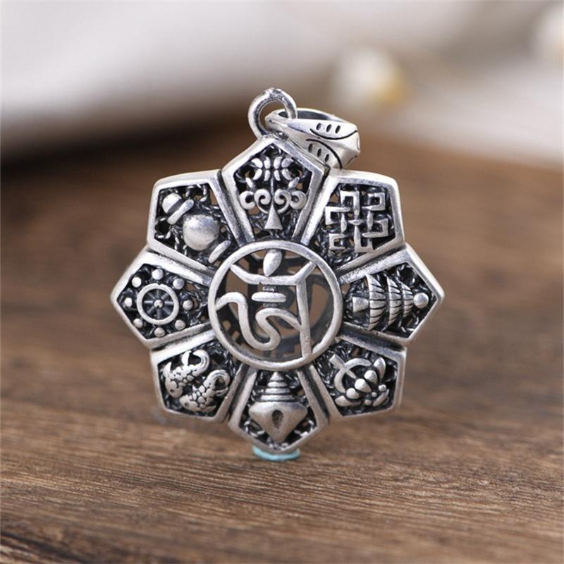 Retro Ethnic Auspicious Eight Treasures Pendant Women Jewelry Fashion Hollow Necklace 925 Silver Chain Male Neck Accessories