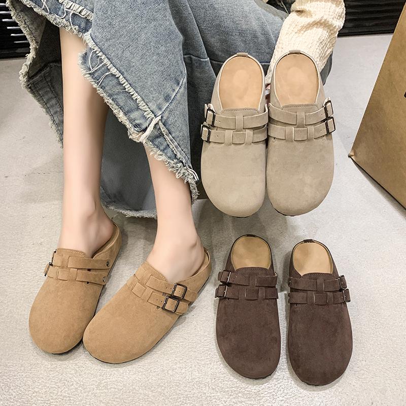Mode Damskor 2025 Mode Enfärgad Baotou Spänne Tofflor Hot Selling Damers Utomhus Fritid Bekväma Platta Tofflor