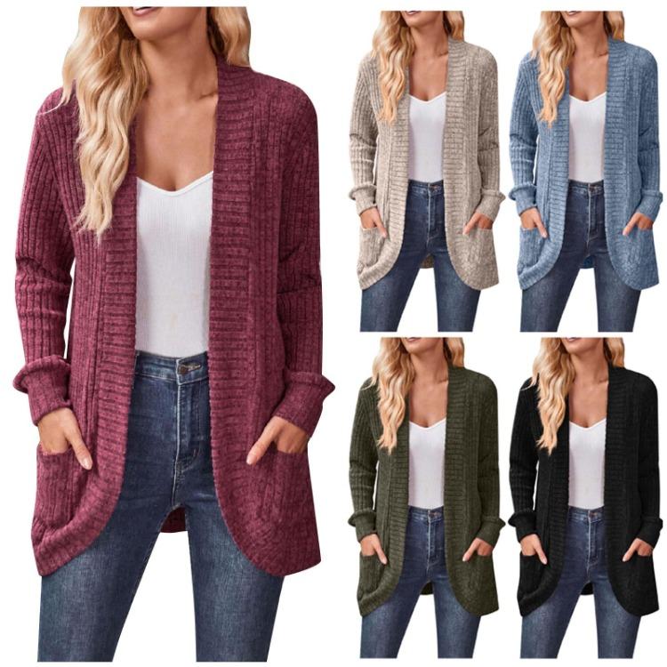 Ladies Long Sleeve Solid Color Cardigan Sweater Coat Top for Women