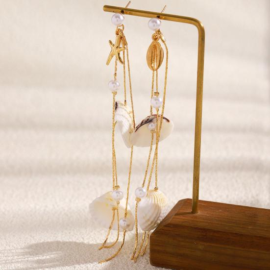 1 Pair Women Earrings, Long Tassel Shell Conch Starfish Design Drop Earrings, Imitation Pearls Earrings for Beach Vacation Jewelry