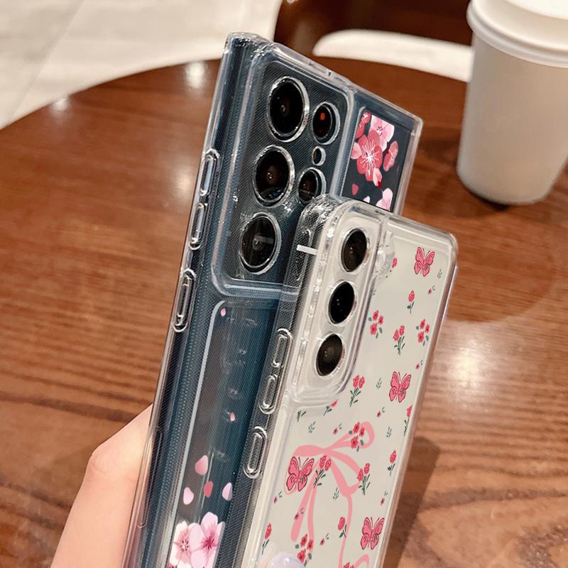 Genomskinligt skal för Samsung Galaxy S25 Edge S24 S23 S22 Ultra S24 S21 FE A56 A36 A55 A16 A15 5G Rosa rosettmönster Mjukt TPU-telefonskal